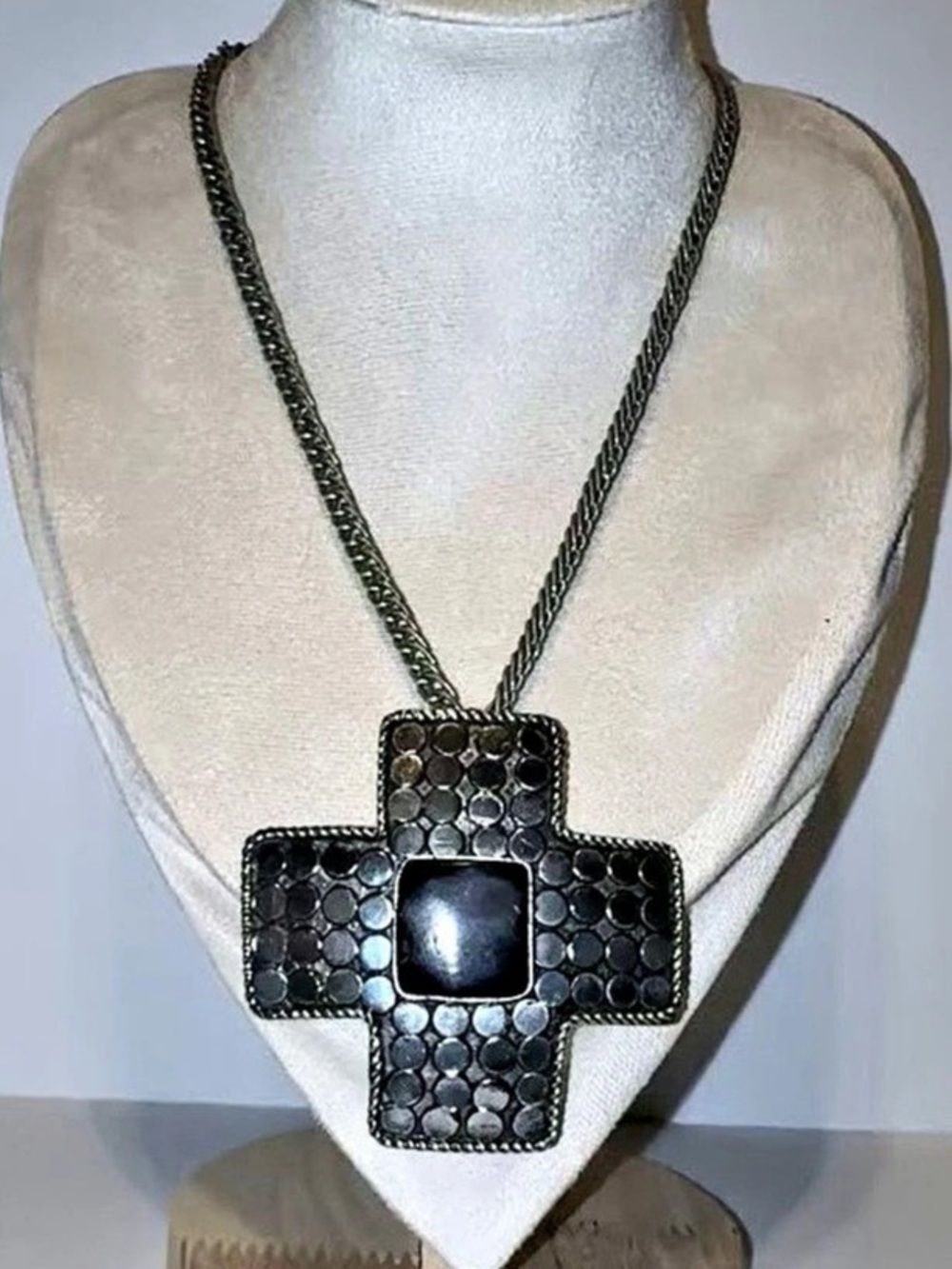 Vintage India Brutalist Silver Cross Pendant Double Curb Chain Necklace